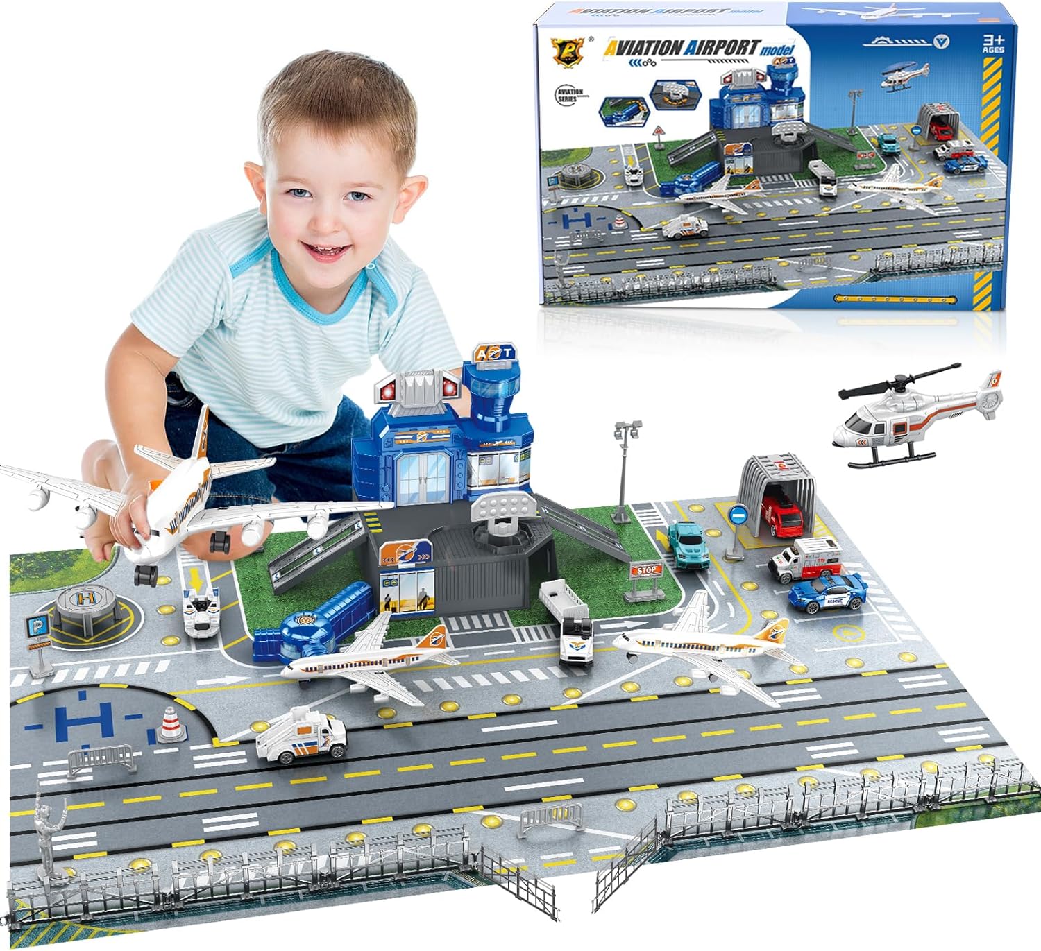 子供用空港シーンおもちゃセット、車、ヘリコプター、飛行機、タ - Play Mat のレビューと価格